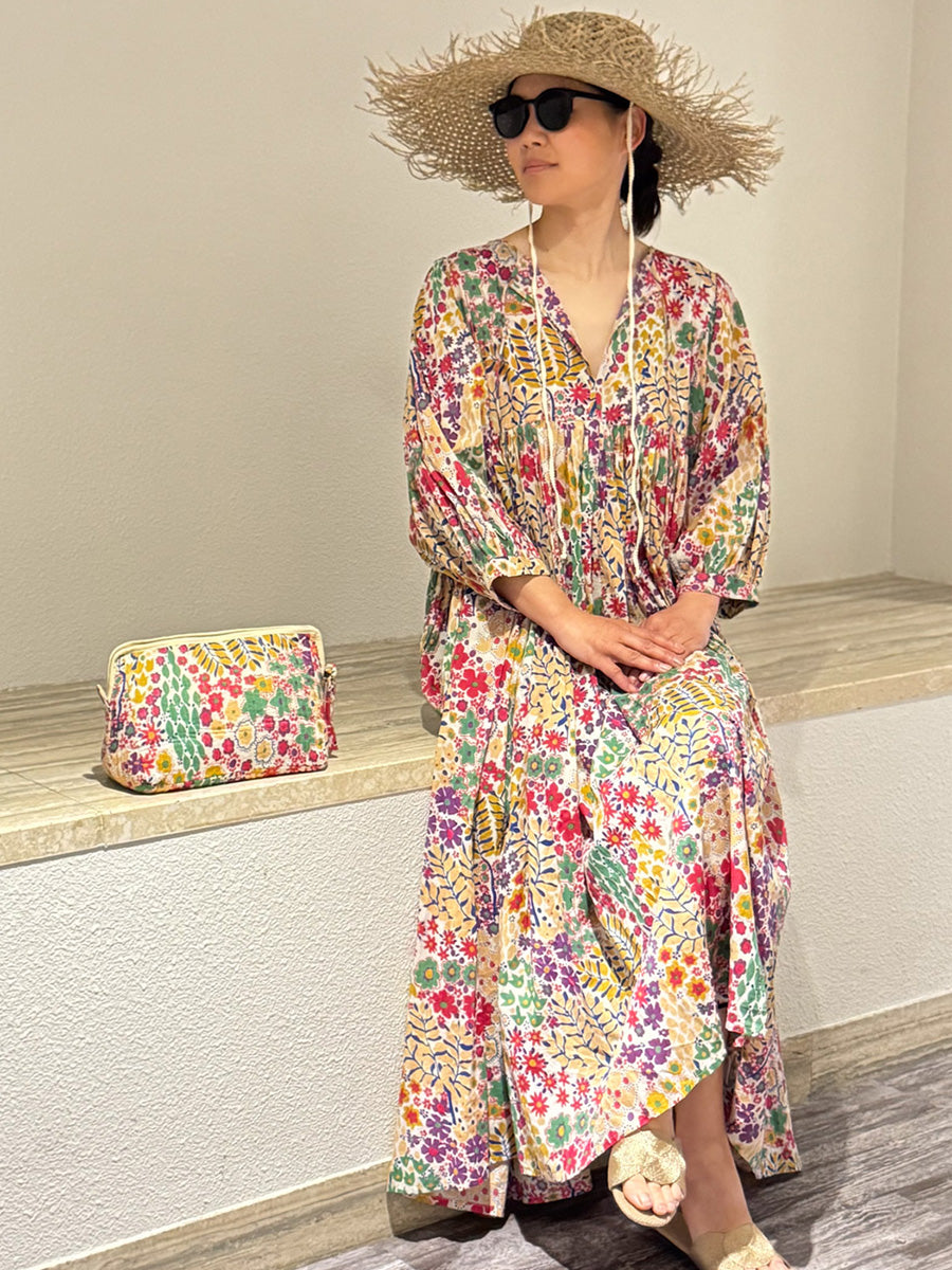 Eighty Seven(エイティセブン)インド綿フレア長袖ワンピース/カラフル