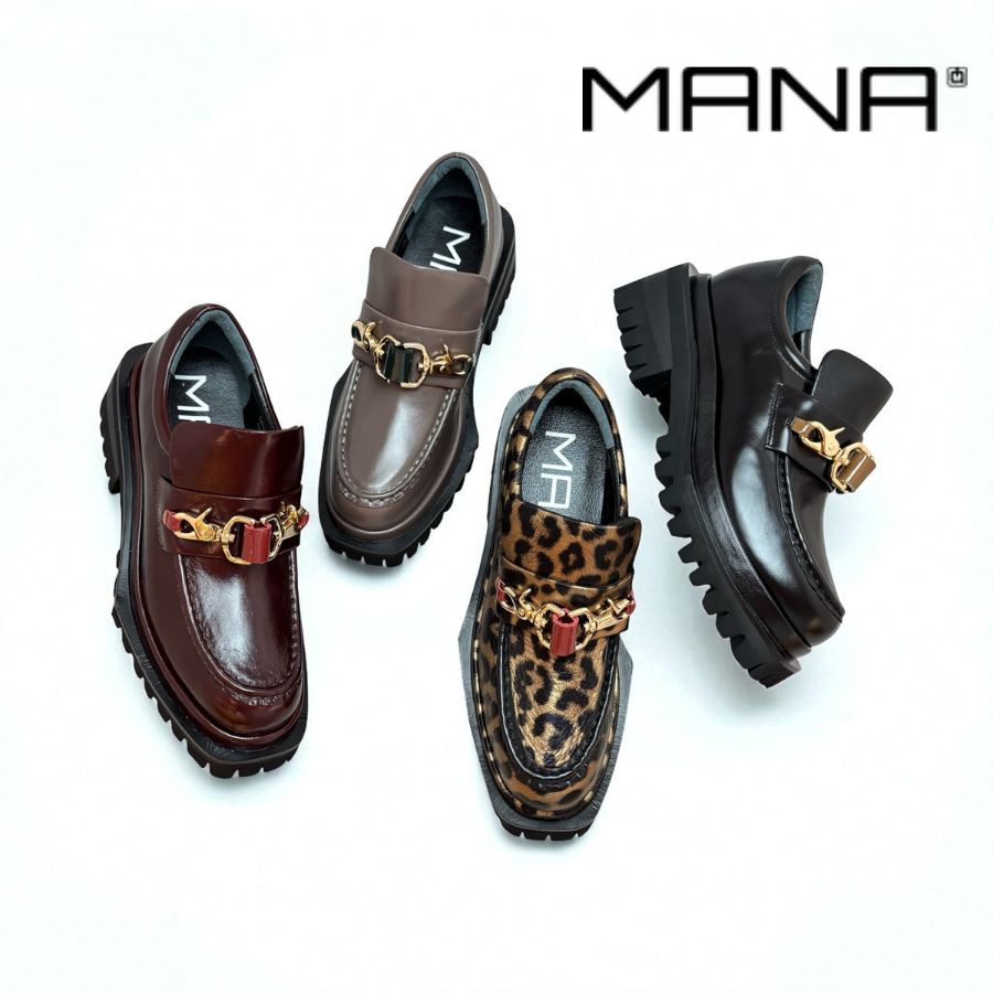送料無料】2025秋冬新作 MANA マナ ローファー ダブルフック 厚底 本革
