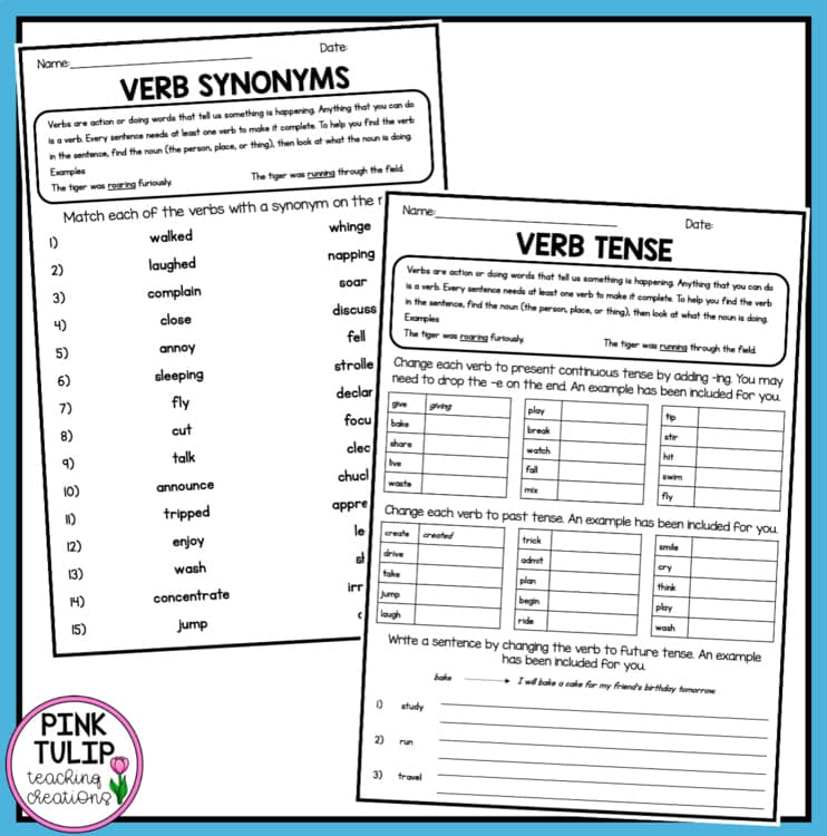 Verbs - Worksheet Pack With Answers by Pink Tulip Teaching Creations
