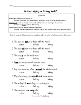 Verbs: Action, Helping and Linking Verb Practice by YonkeKong | TPT