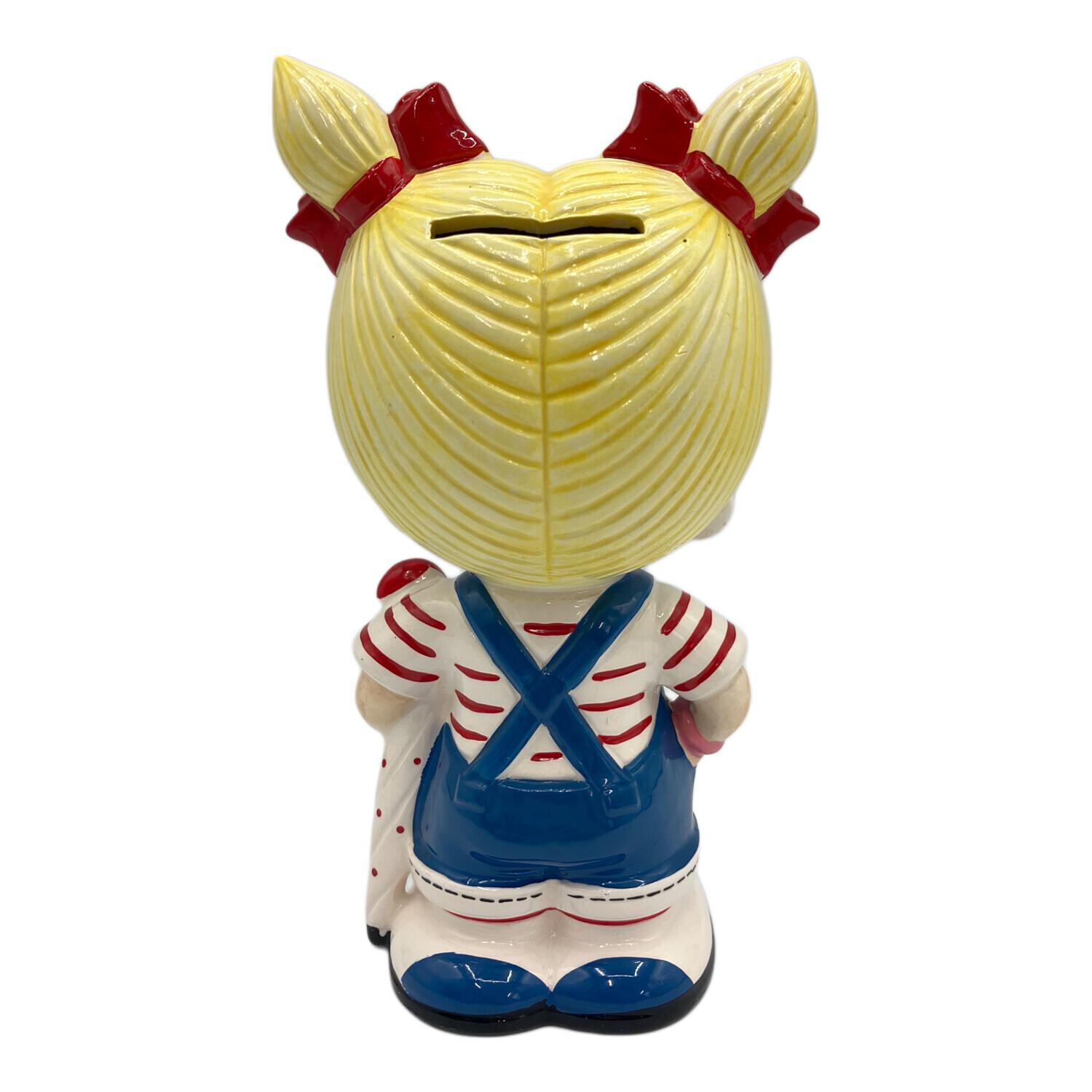 内藤ルネ 女の子 赤リボン 貯金箱 陶器製 フィギュリン 昭和レトロ
