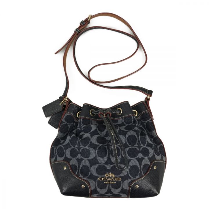 COACH コーチ シグネチャー 巾着ショルダーバッグ デニム ×レザー