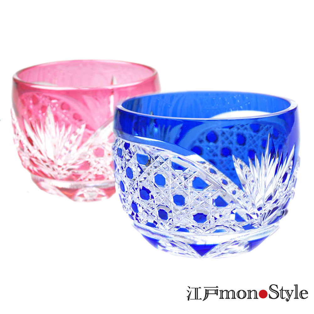 江戸切子 堀口硝子✩秀石 金赤色被せ 八角籠目 蓋物 【 美品 】 ペア】