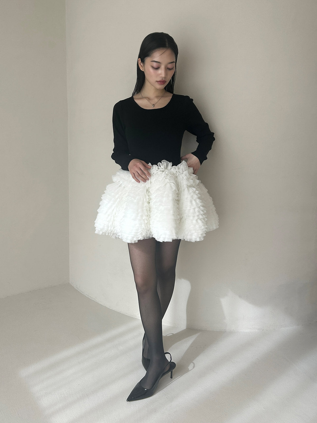 ボリュームチュールフリルニットワンピース