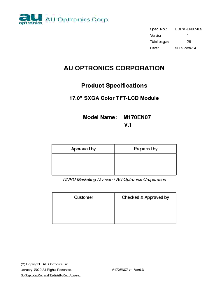 AUO M170EN07 V1 LCDPANEL DATASHEET Service Manual download