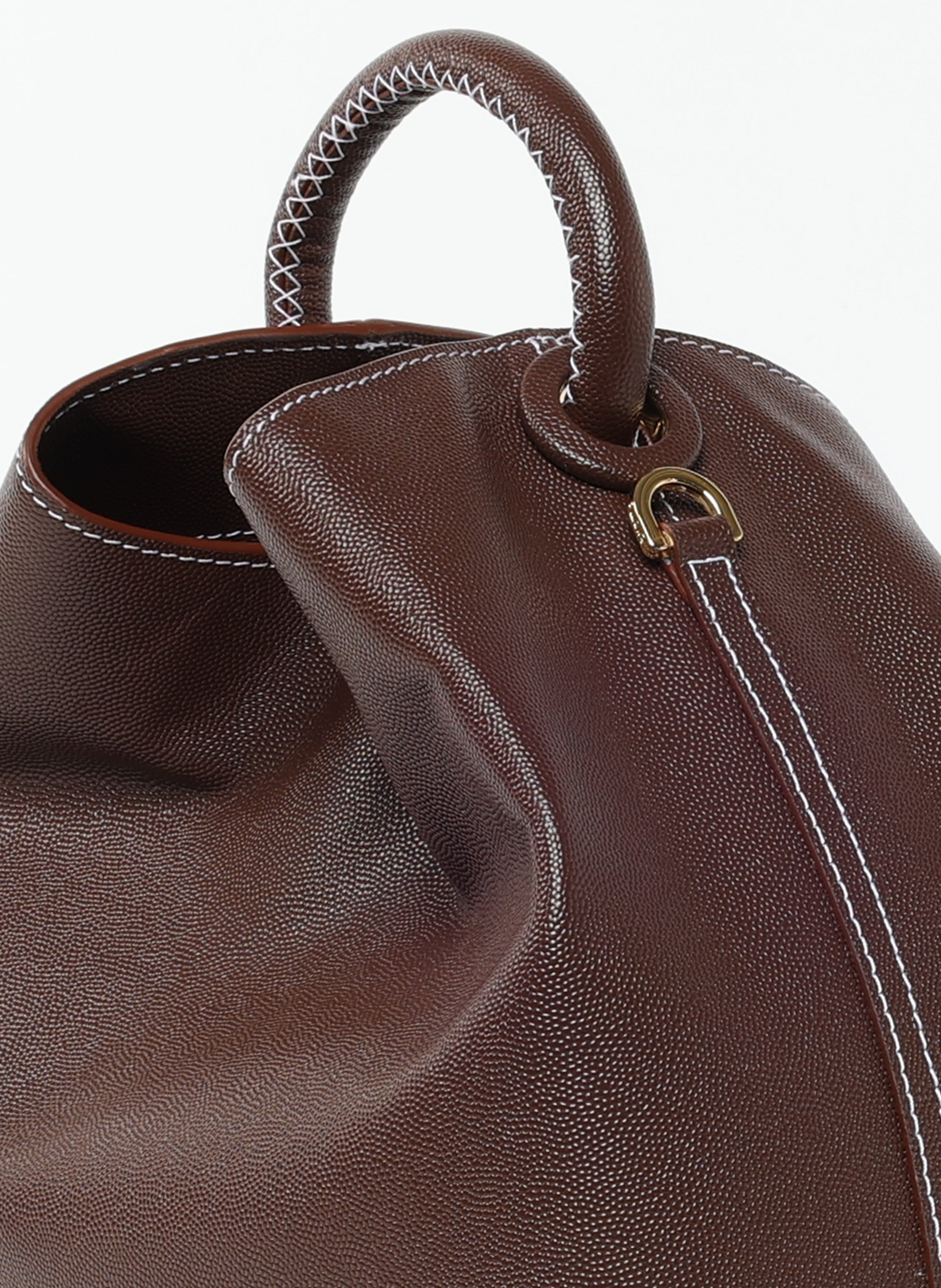 Raisin Caviar Leather Brown White Stitching - Leather Handbags for