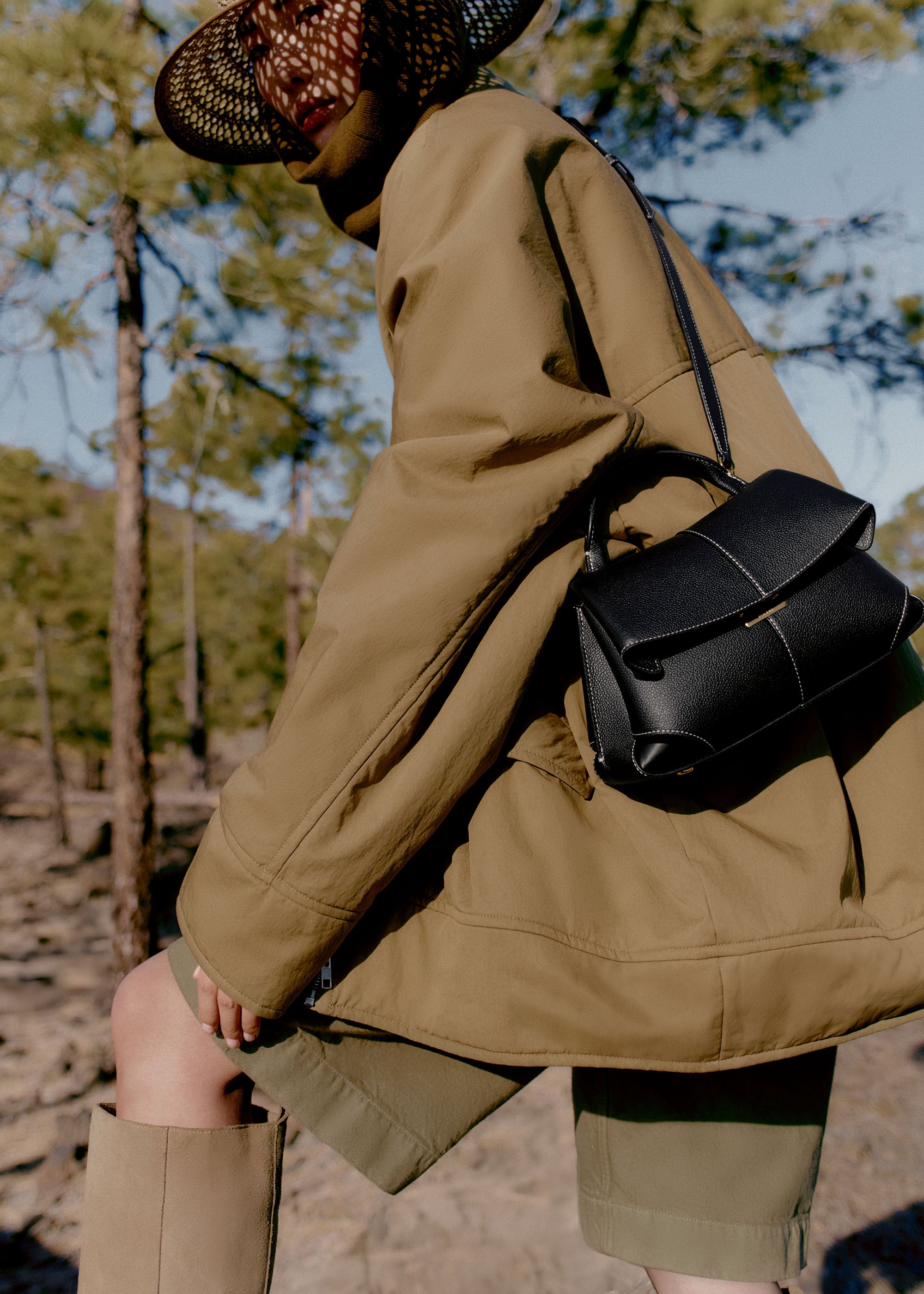 Polène | Bag - Mokki Mini - Textured Black with Ecru Stitching