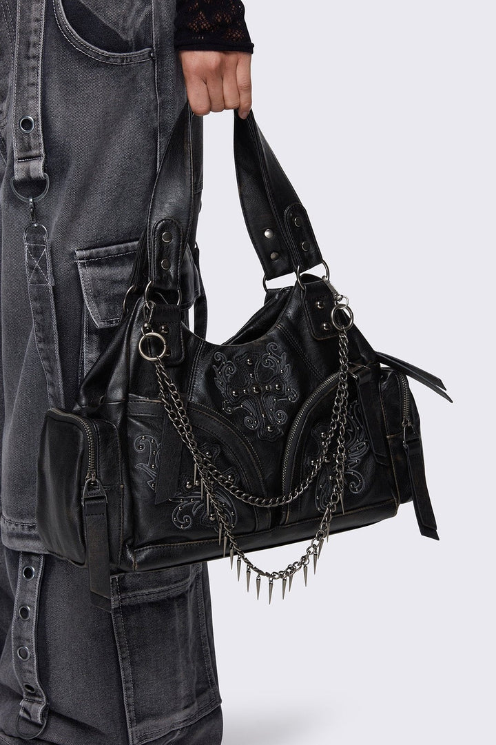 Black Vegan Shoulder Bag with Studded Cross, Spiked Chains