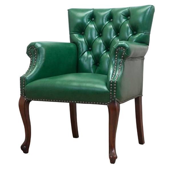 グリーンレザーカブリオールレッグチェスターフィールドラウンジアーム