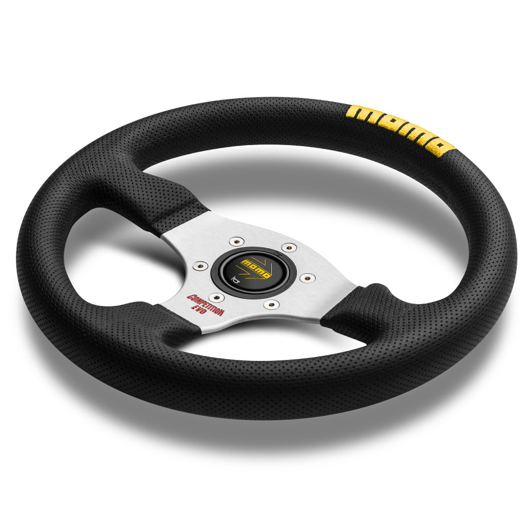 MOMO Competition EVO Steering Wheel - Black Leather Silver Spokes 320m