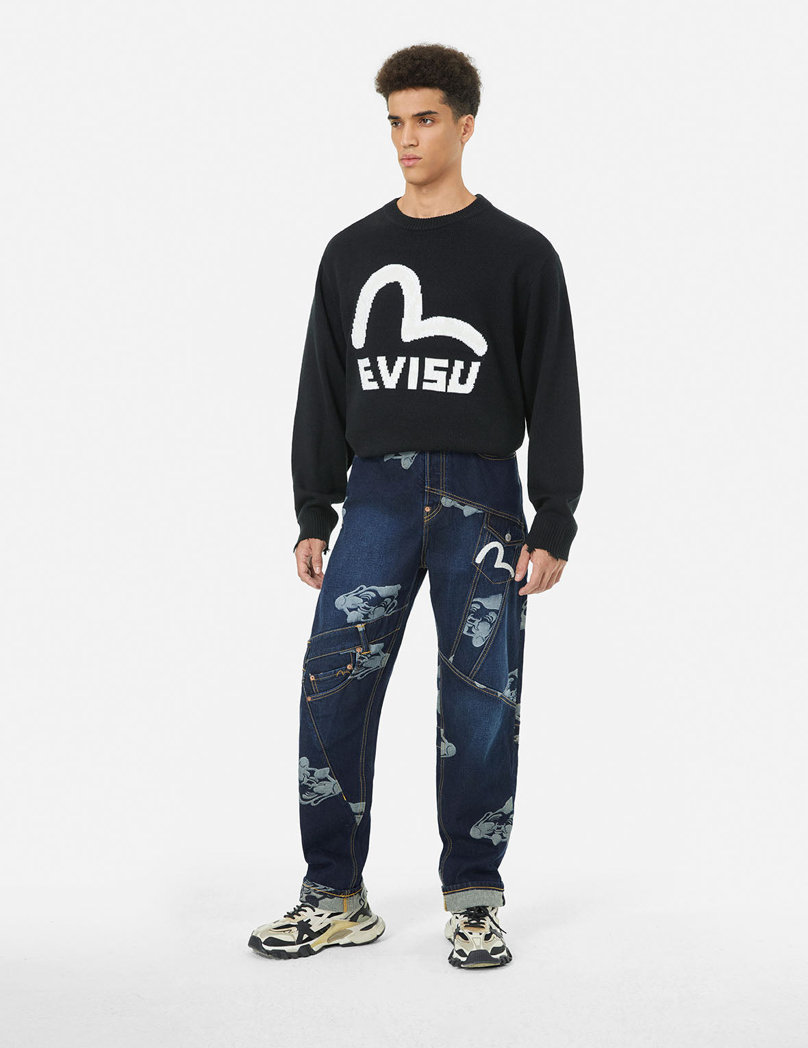 カモメ刺繍と仏頭ジャカードストレートフィットジーンズ – EVISU