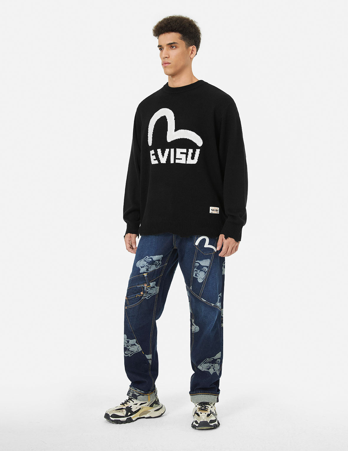 カモメとロゴジャカードルーズフィットニットスウェットシャツ – EVISU