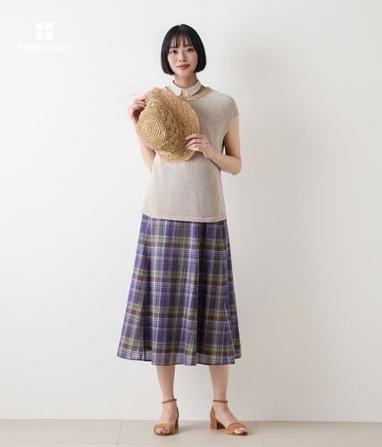 L】リネン混マドラスチェック 6枚はぎフレアスカート(54255263-2025