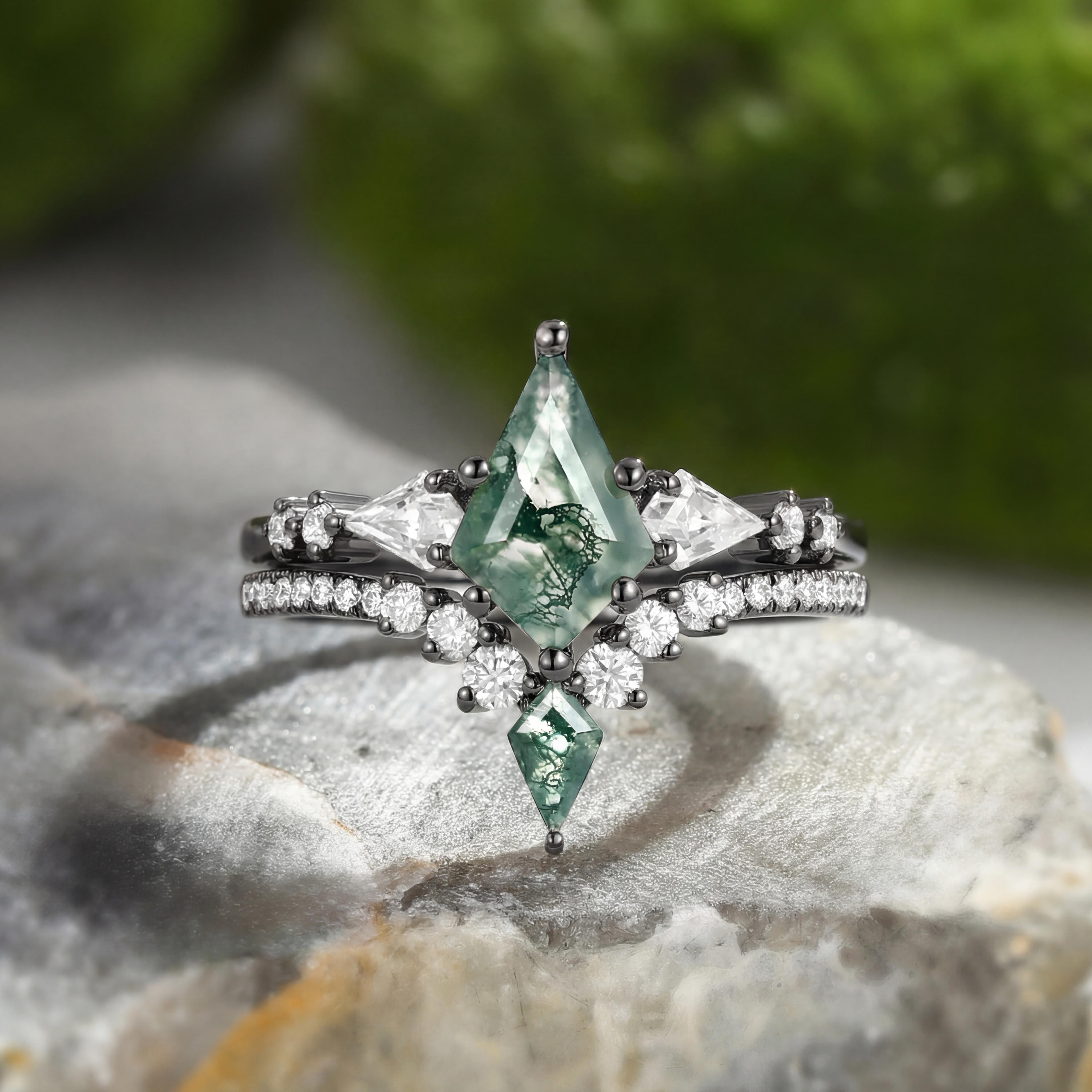 Twin Flames - Women Kite Moss Agate Wedding Ring Sets 2pcs