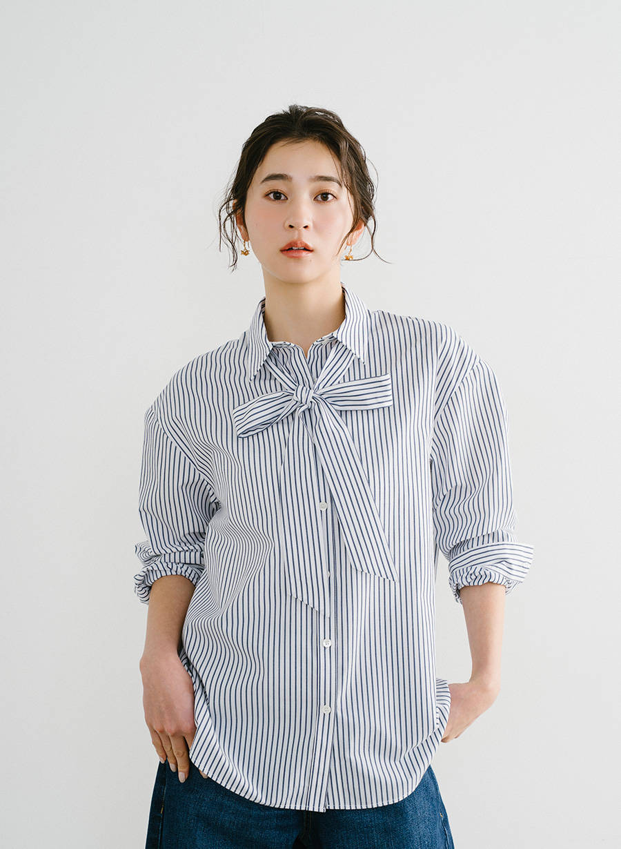 OHGA ストライプボウタイブラウス OHGA ボウタイブラウス水色