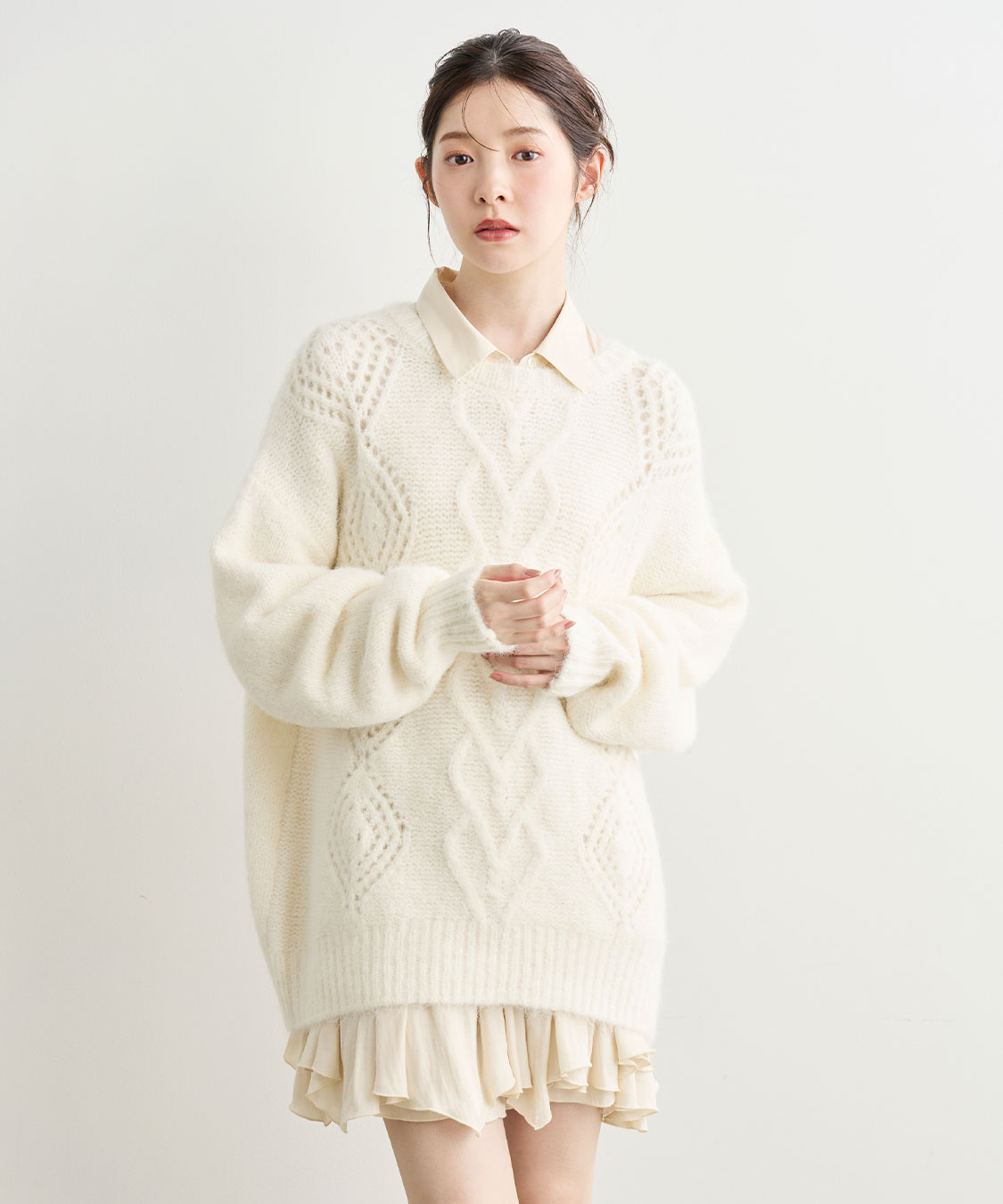 ケーブルニット×ペプラムシャツミニワンピース｜PETAL ONLINE（ペタル