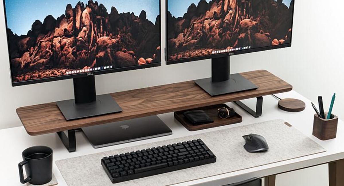 大人気製品】「OAKYWOOD デスクシェルフ デュアルモニタースタンド