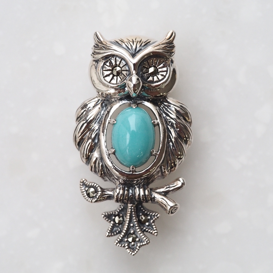 202C0648-TQ】SV ターコイズ ふくろう ペンダントブローチ | 【碌山