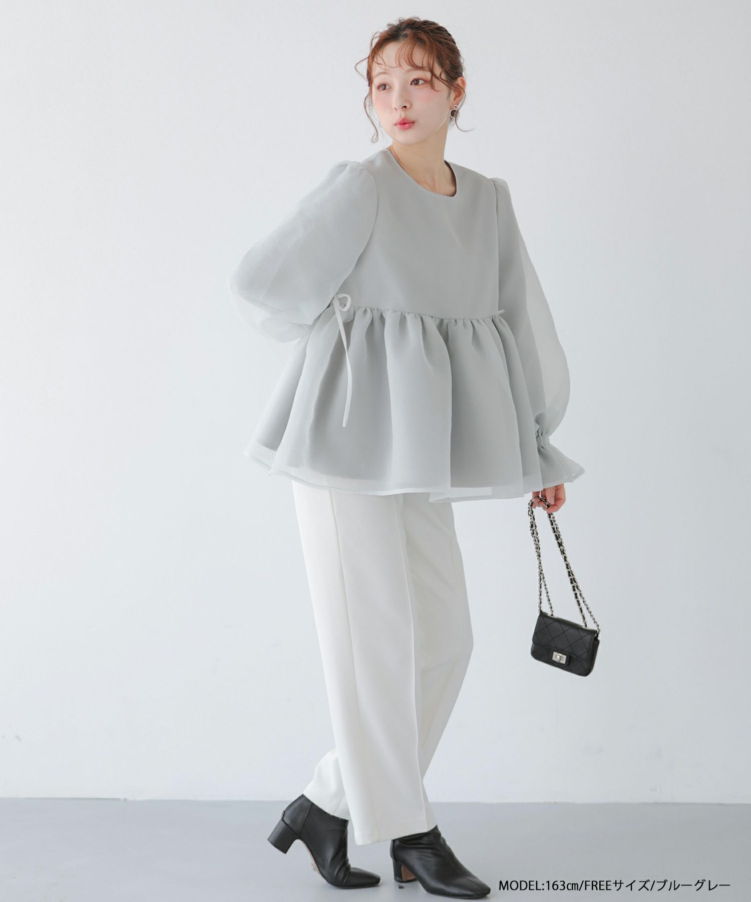 クリンクルシアーオーガンジーボリュームスリーブトップス【宅配便