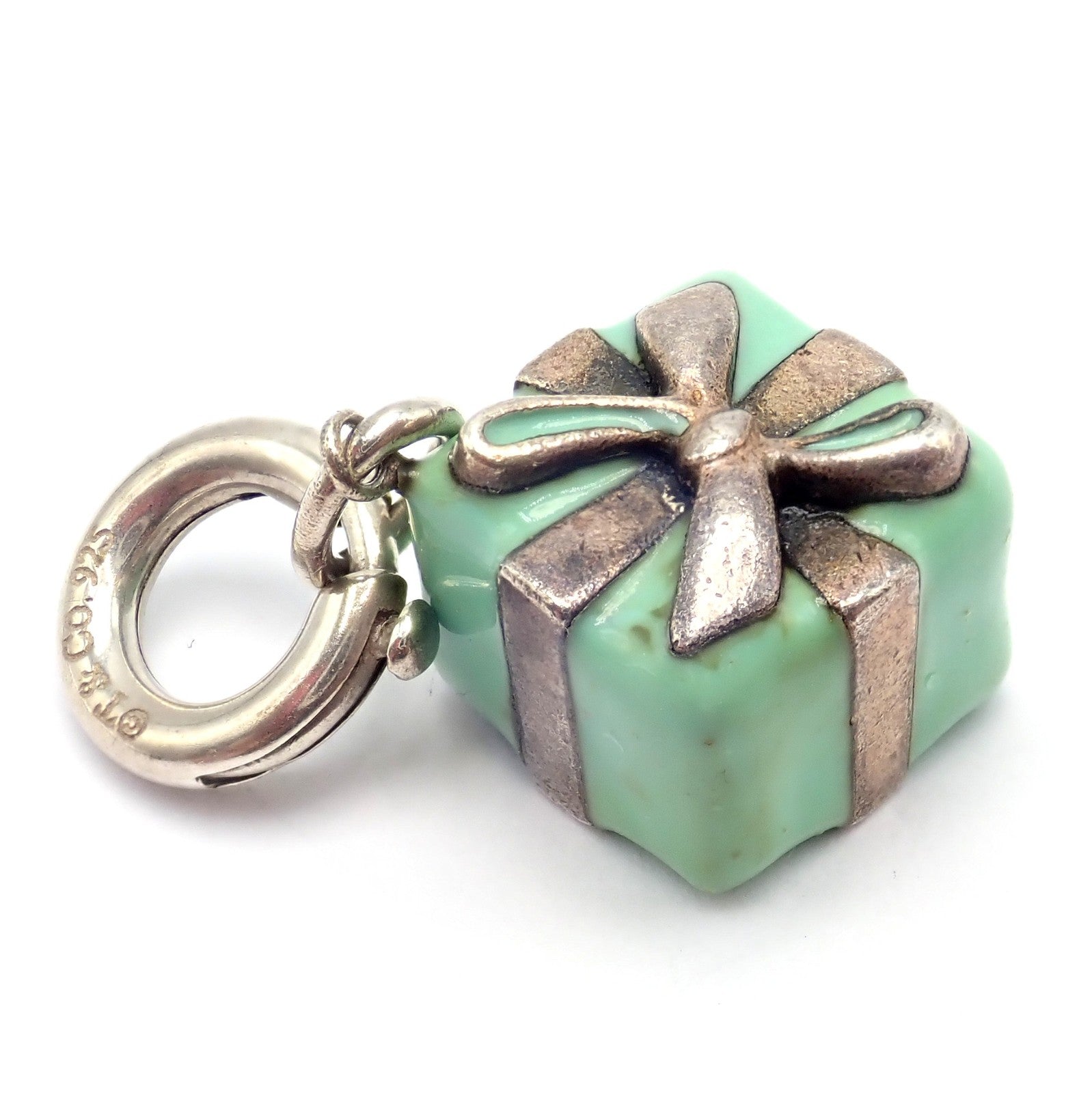 Vintage! Tiffany & Co. Enamel Gift Box Silver Charm Pendant +