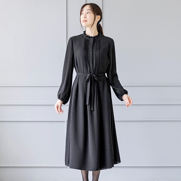 洗える｜フェミニンなピンタックワンピース M・ブラック｜東京