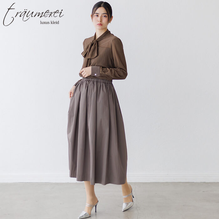 WEB限定｜異素材ドッキングボウタイドレス 9号・ブラウン｜東京