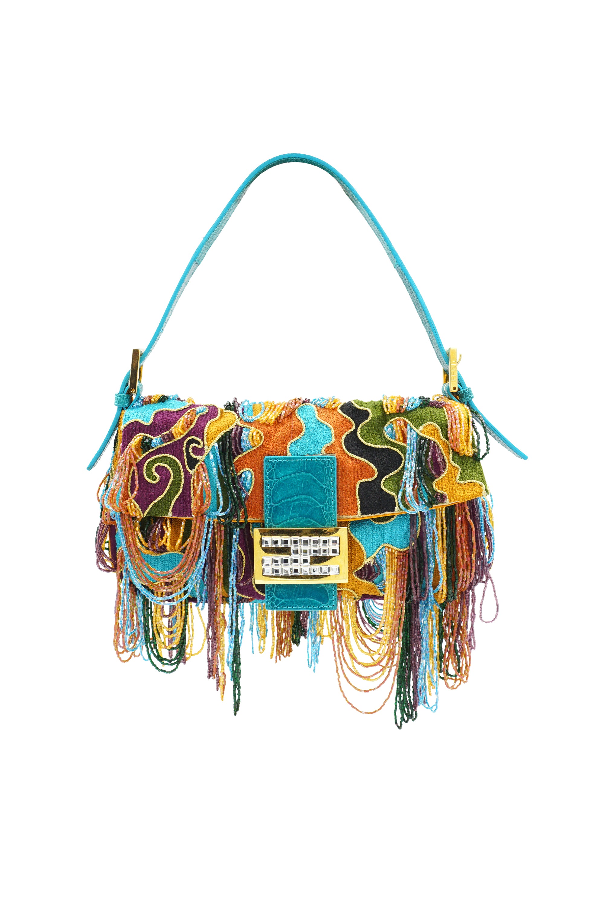 Fendi Multicolor Croc Crystal Clasp Dripping Beads Embroidered