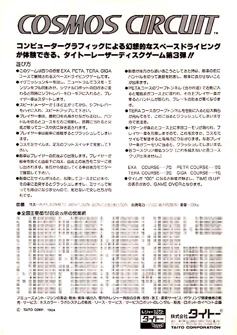 Cosmos Circuit - Taito (Video Game, 1984) - Japan | The Arcade