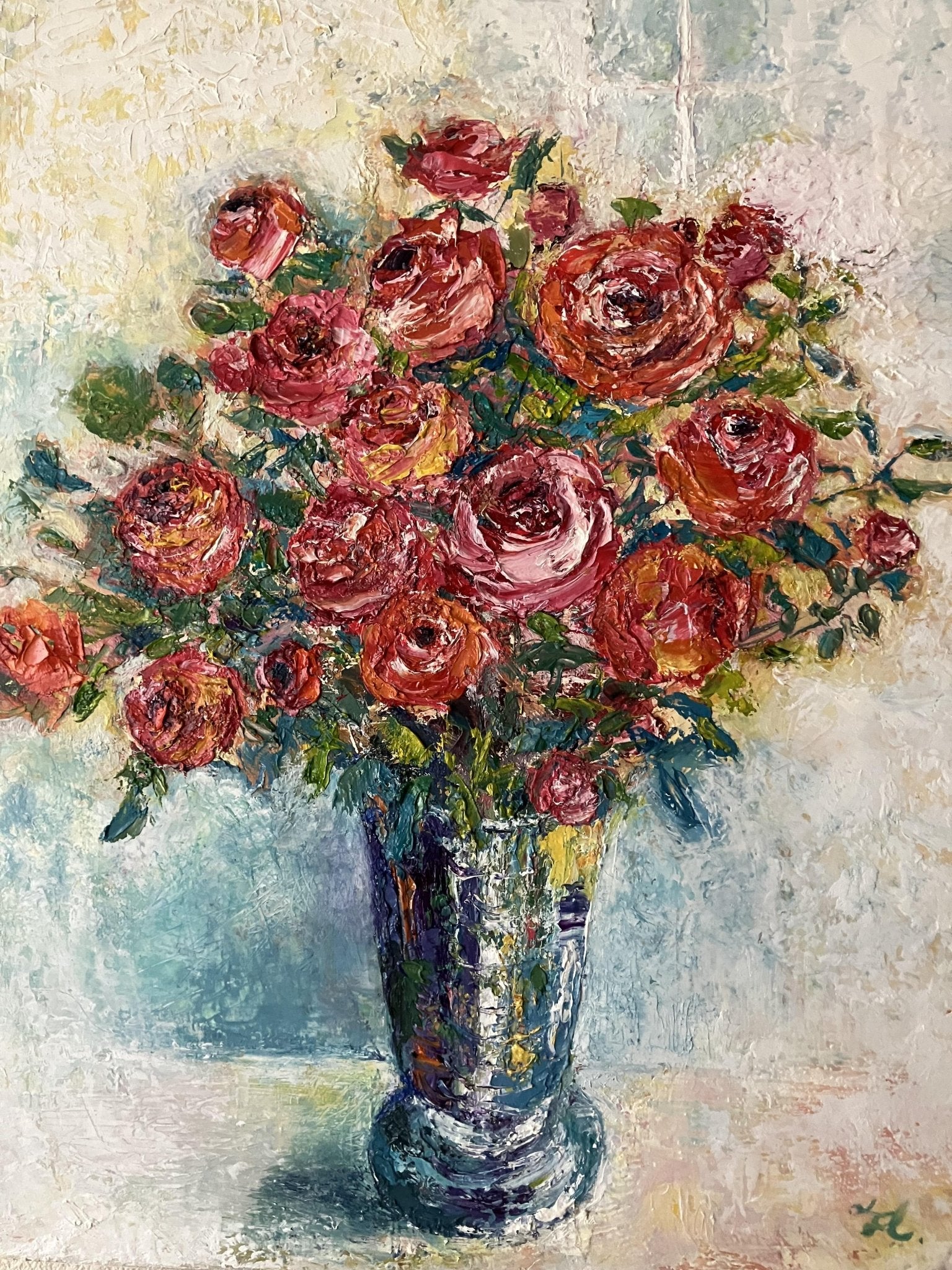 画家haru☆F6号油彩画☆湖面に咲く薔薇No2.真作、原画、一点物。 画家