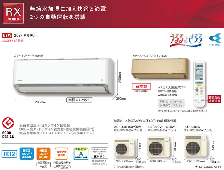 S634ATRP-W(-C)、S634ATRV-W(-C)ダイキン壁掛型ルームエアコン「うる