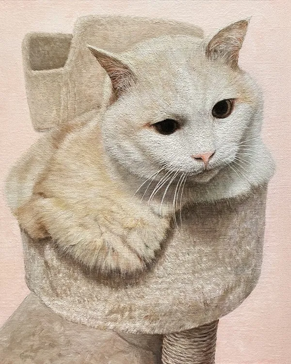 ミックス猫の絵】おおらかな性格に似合わせた桜色が映える油彩画作品