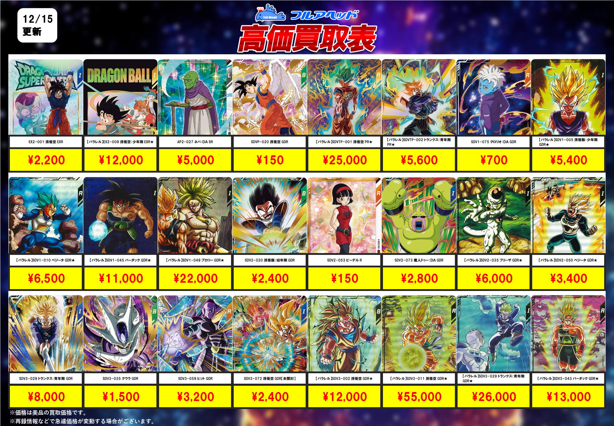 ドラゴンボールダイバーズ】買取表、販売価格の調整を行いました！