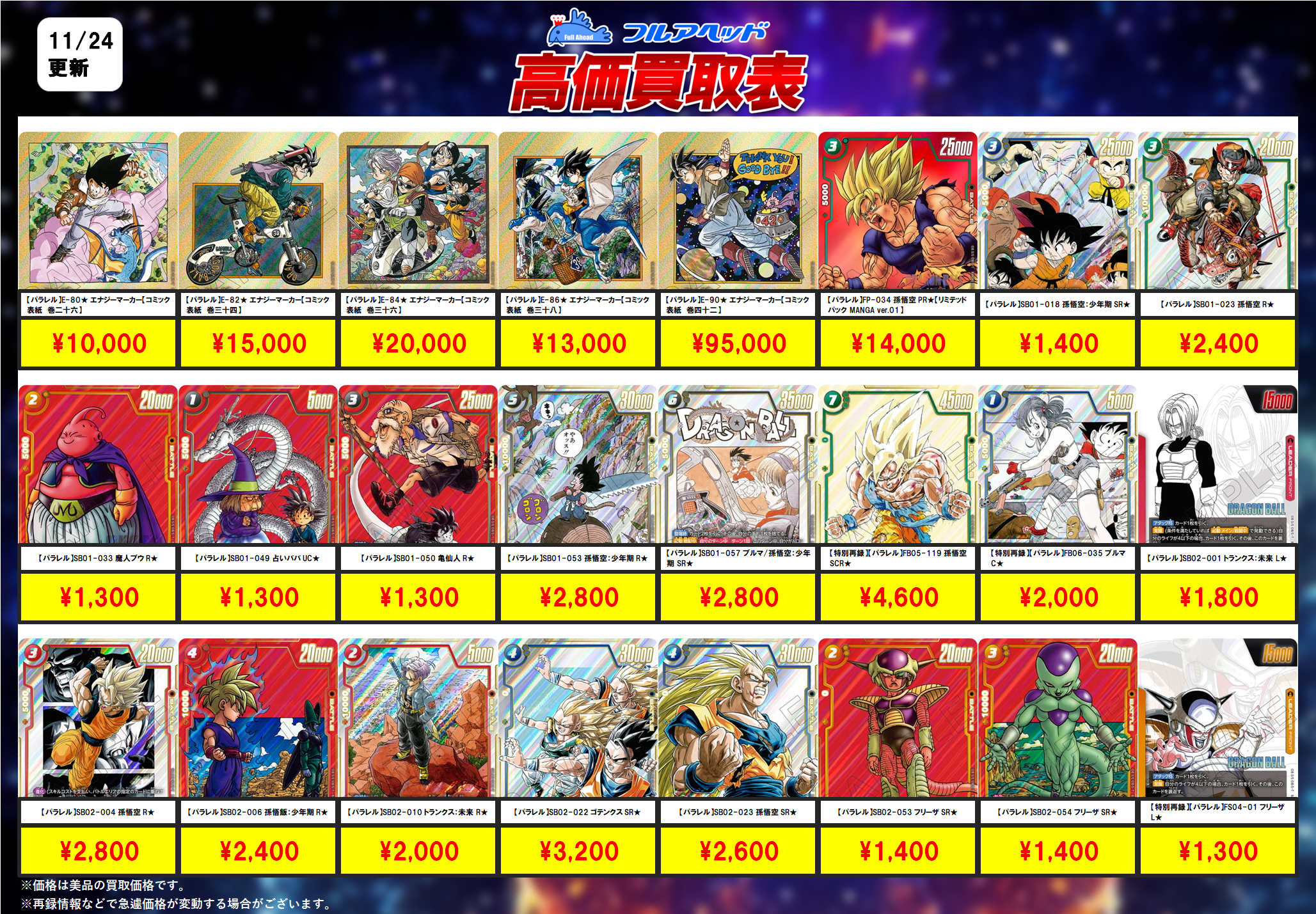 ドラゴンボールフュージョンワールド】買取表、販売価格の調整を行い