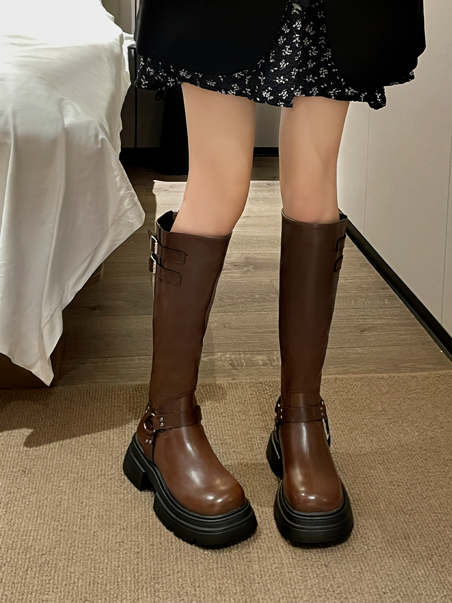 バイクブーツ 編み上げ厚底ロングブーツ ロング ブーツ|バイクブーツ