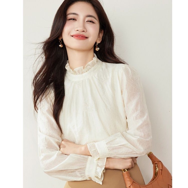 白ブラウス 花刺繍フリル襟付き長袖ブラウス フリル|白ブラウス専門