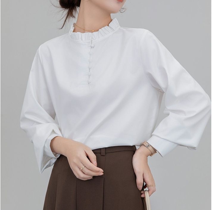 白ブラウス 襟元フリルが上品な長袖プルオーバーブラウス フリル|白