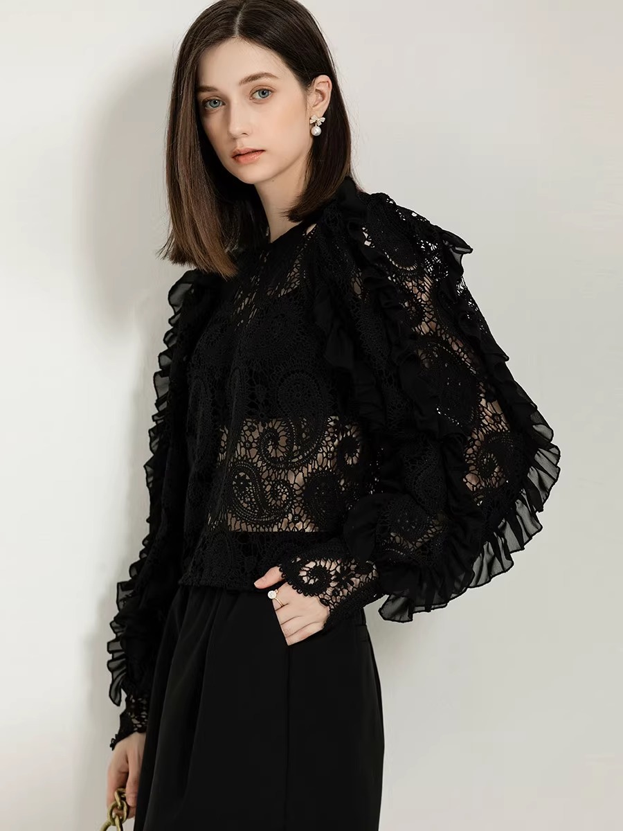 黒ブラウス フリルレース シースルーブラウス フリルブラウス|黒