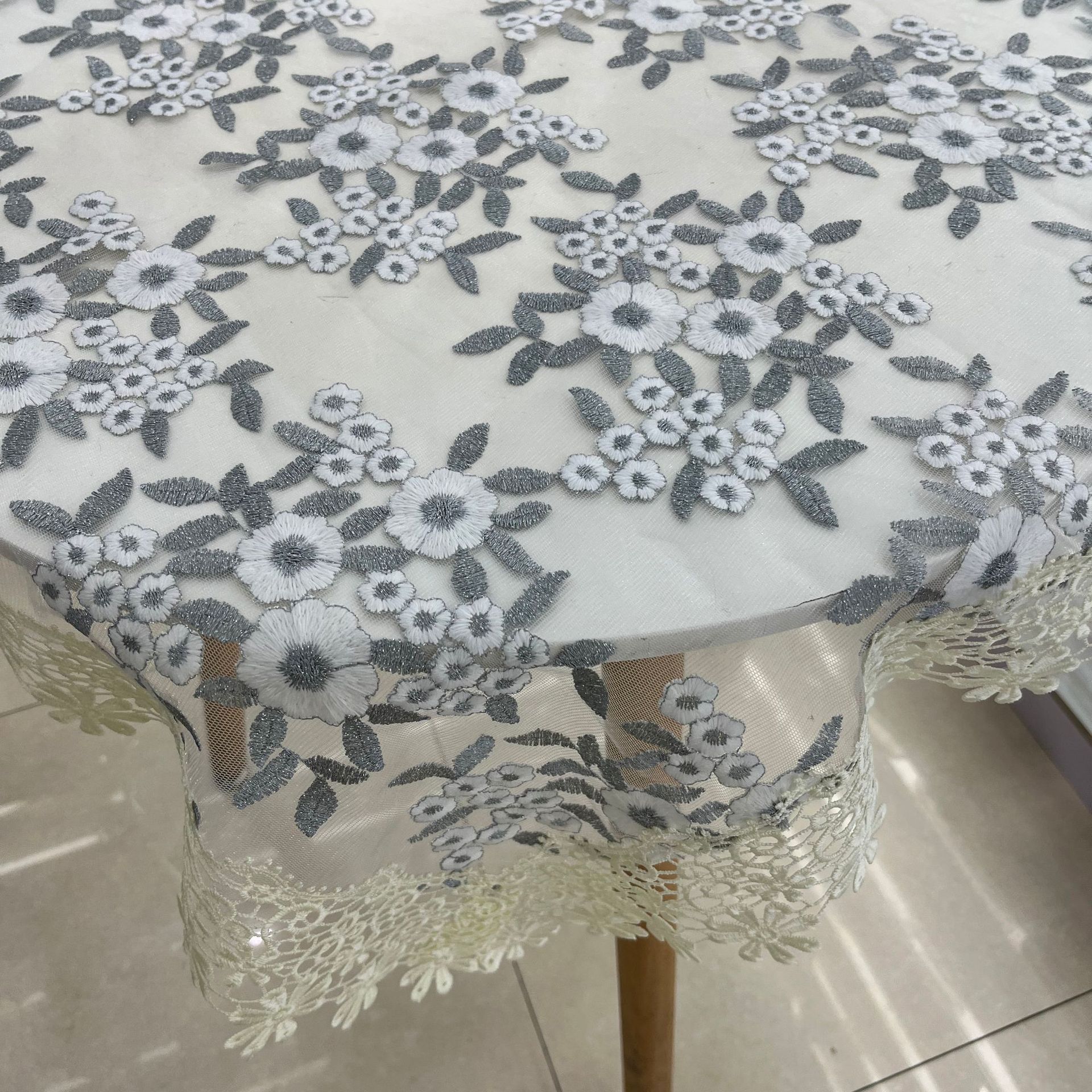 テーブルクロス 花柄刺繍レース付き円形テーブルクロス布 布|テーブル