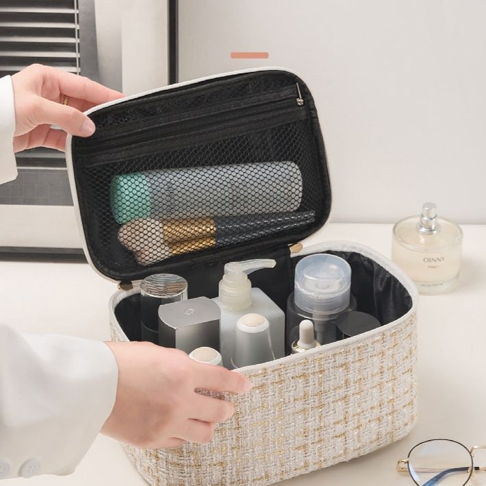 メイクボックス 上品ツイード風化粧ポーチ大容量収納ケース メイク