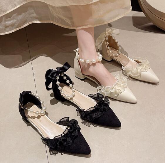 きれいめカジュアル レディース靴 尖り先メアリージェーン レース