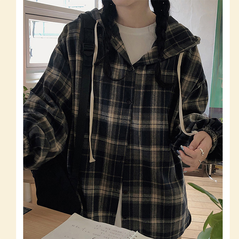 ネイビーコーデ チェック柄フード付きシャツジャケット トップス