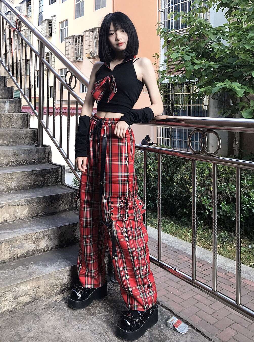 パンクファッション チェック柄ワイドパンクパンツ パンツ|パンク