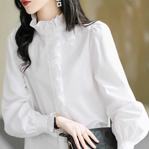 白シャツ 立体フリルハイネック長袖白シャツ フリル|白シャツ専門通販