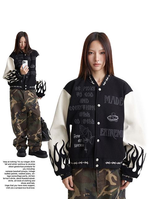 黒×白 炎柄袖 スタジャン 男女兼用 刺繍入り ストリート系 青 青