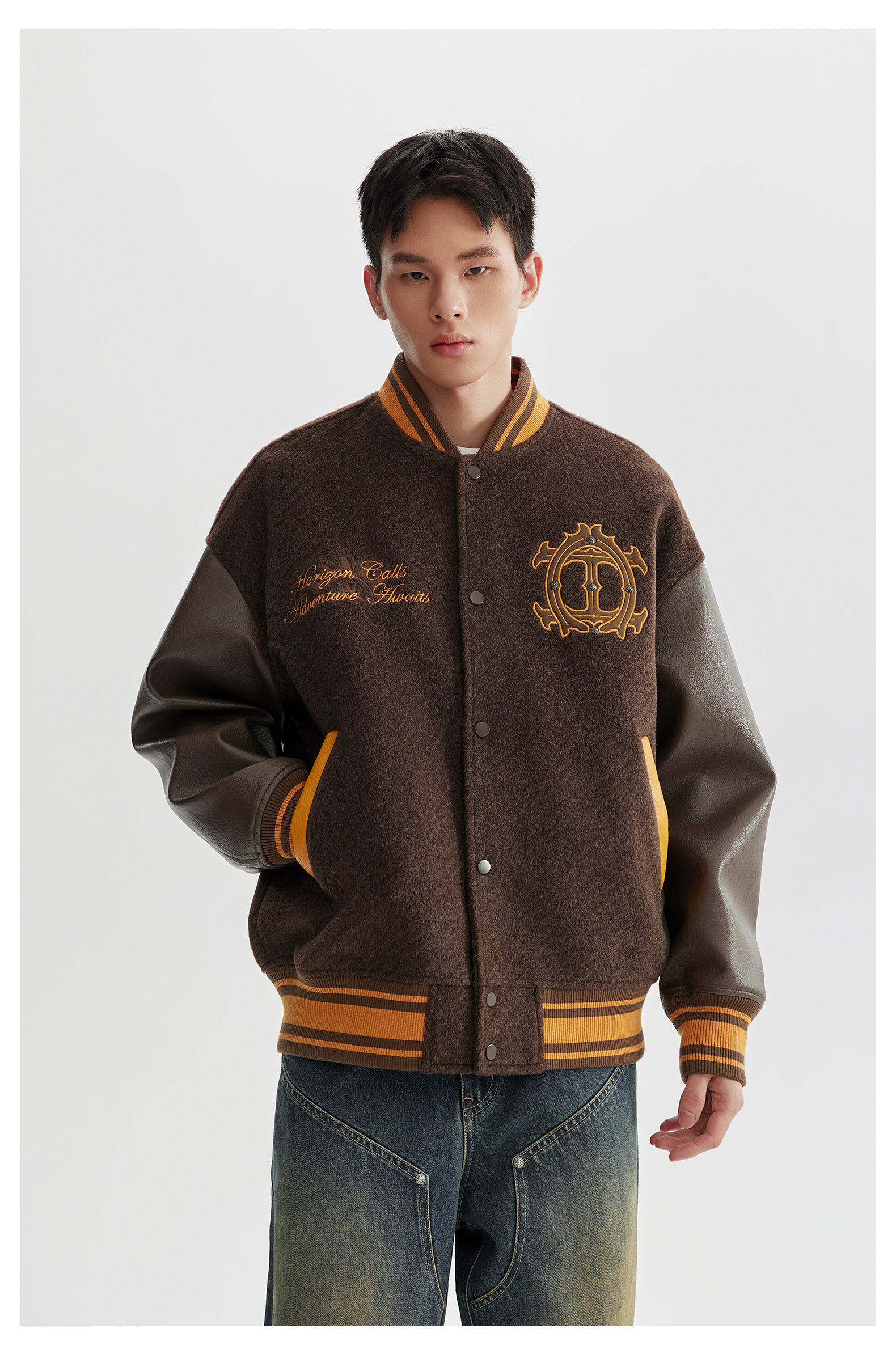 スタジャン 茶色 学院風高級レザー袖切替スタジャン 茶色|スタジャン