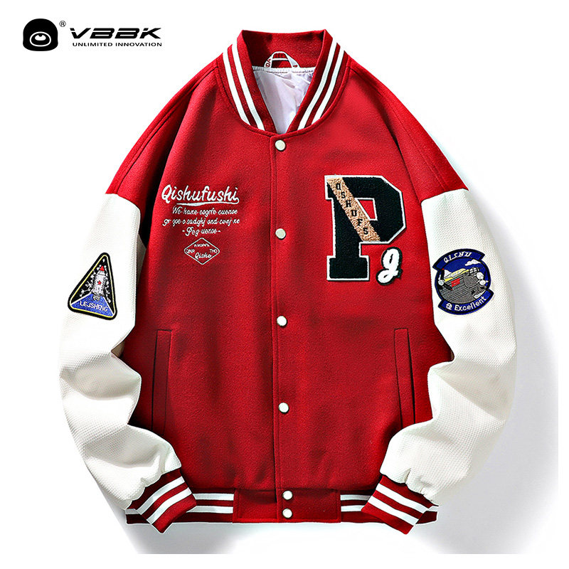 スタジャン 刺繍ワッペン付きカレッジ風赤スタジアムジャンパー 赤