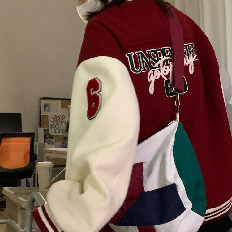 中綿入り スタジャン 赤/白 刺繍 パッチ付き スタジャン赤 カレッジ風