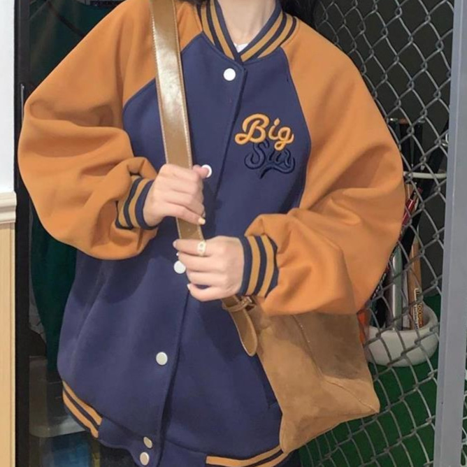 スタジャン 配色切替刺繍ロゴ入りスタジアムジャンパー 青 青