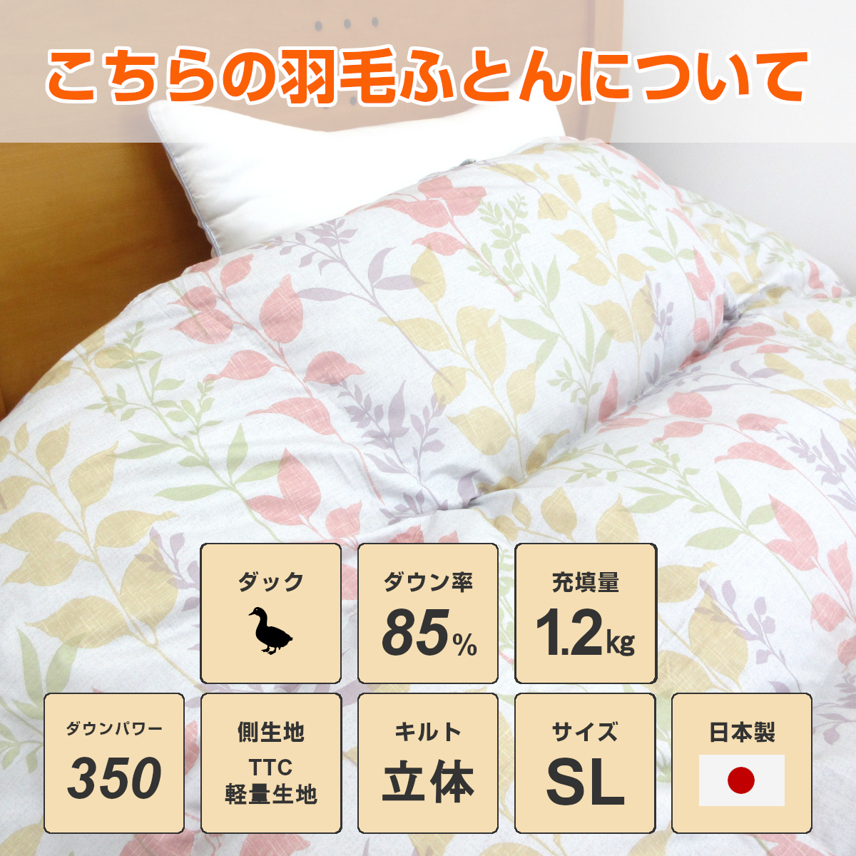 羽毛花柄掛け布団 ホワイトダウン1.5kg 中古品 じぶんまくら 羽毛布団 シングル 超増量1.5kg ホワイトダウン70％ 1.5