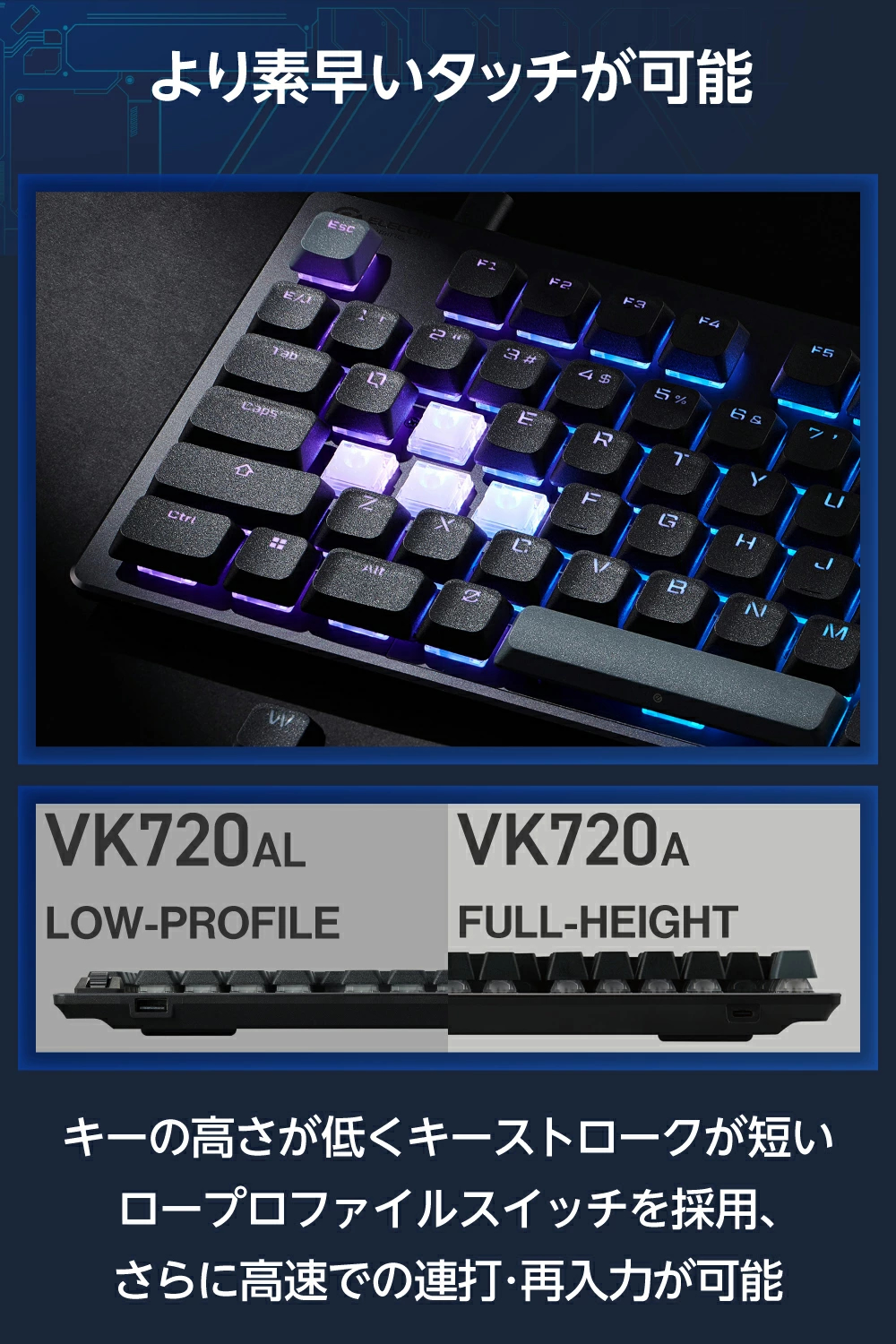 75%サイズでロープロファイルのゲーミングキーボード「VK720AL